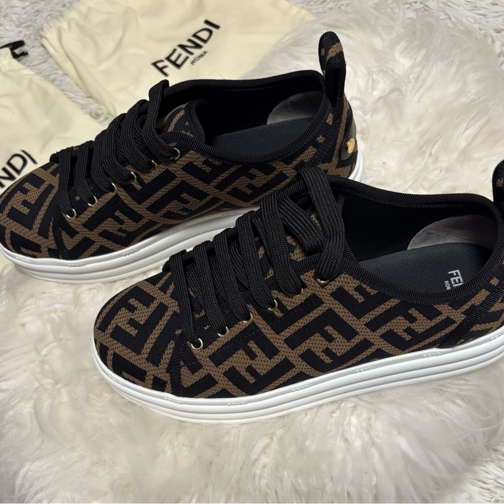 Fendi Zucca FF Brown✨Black Logo Geometric Mesh✨Platform Sneakers